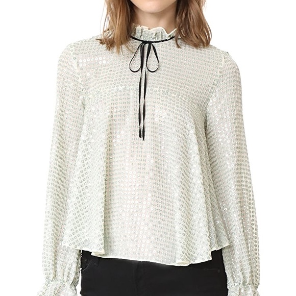 SALONI Tyler Top Tie Neck Striped Sequined Tulle Blouse - Picture 5 of 8